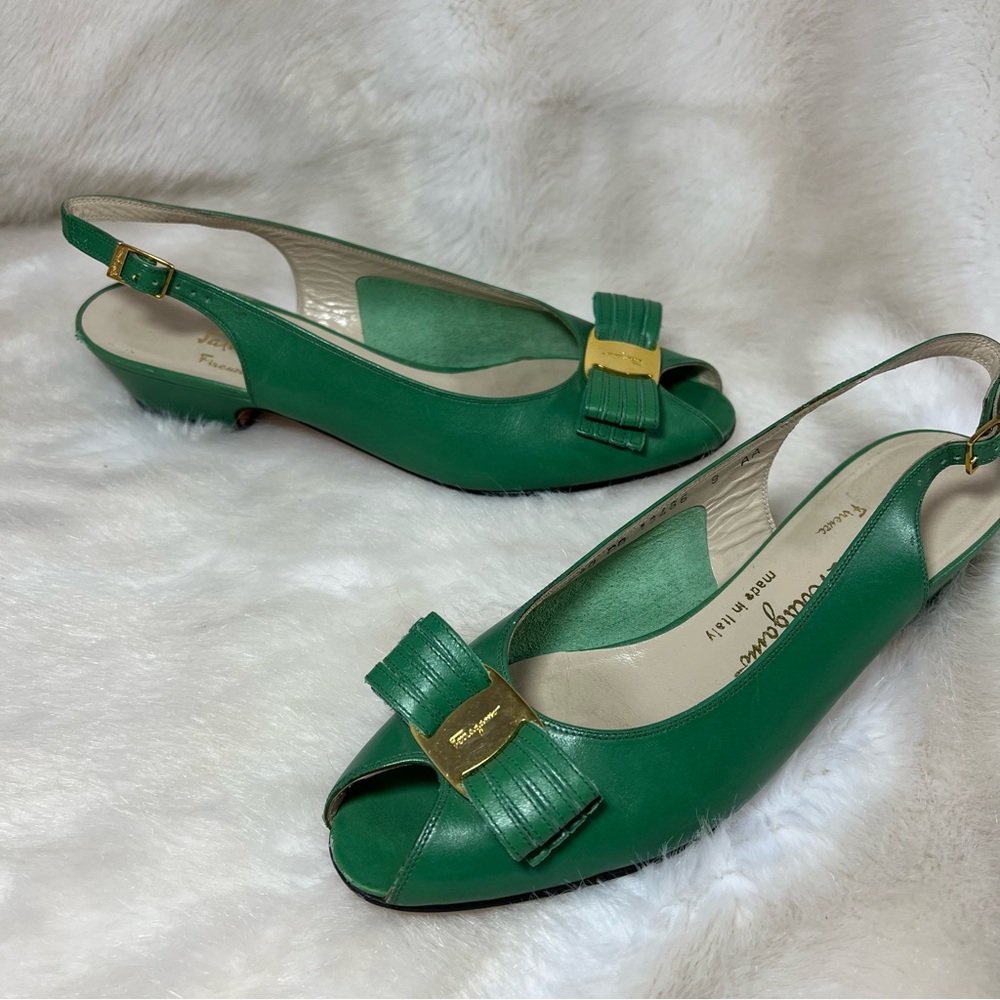 Salvatore Ferragamo Green Flats with Gold Accent